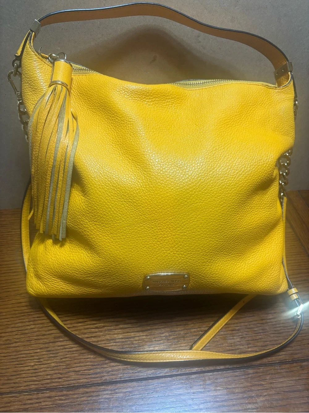Michael Kors Bedford Yellow Pebbled Leather Hobo Tassel & Chain Strap in Mustard